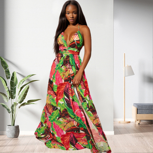 Vestidos de Noche Largos con Estampado de Hojas, Espalda Descubierta y Abertura, Estilo Halter, Modernos y Sexys para Mujer - Product Image 2