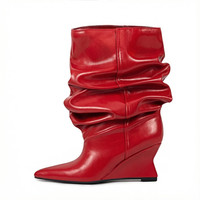 Nouvelle Arrivée 2025 – Bottes Noires à Talon Compensé et Bout Pointu pour Femme, Bottes Mi-Mollet Froncées Tendance, Chaussures Décontractées Habillées