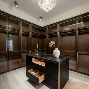 Armario Vestidor de Madera de Diseño Moderno y Lujoso Personalizado BALOM, Puerta de Vidrio, Tirador Dorado, Mueble de Almacenamiento Integrado - Product Image 1