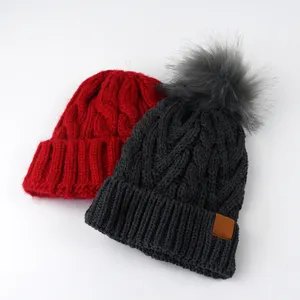 Wholesale custom Winter unisex stripe folded thick ribbed cable knit warm ski beanies for women and men