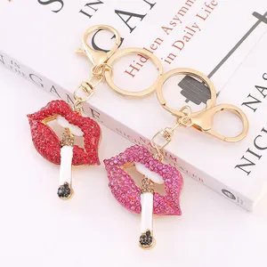 Euro-american trend lip smoking key chain Alloy full diamond red lip pendant manufacturer luxury keychain