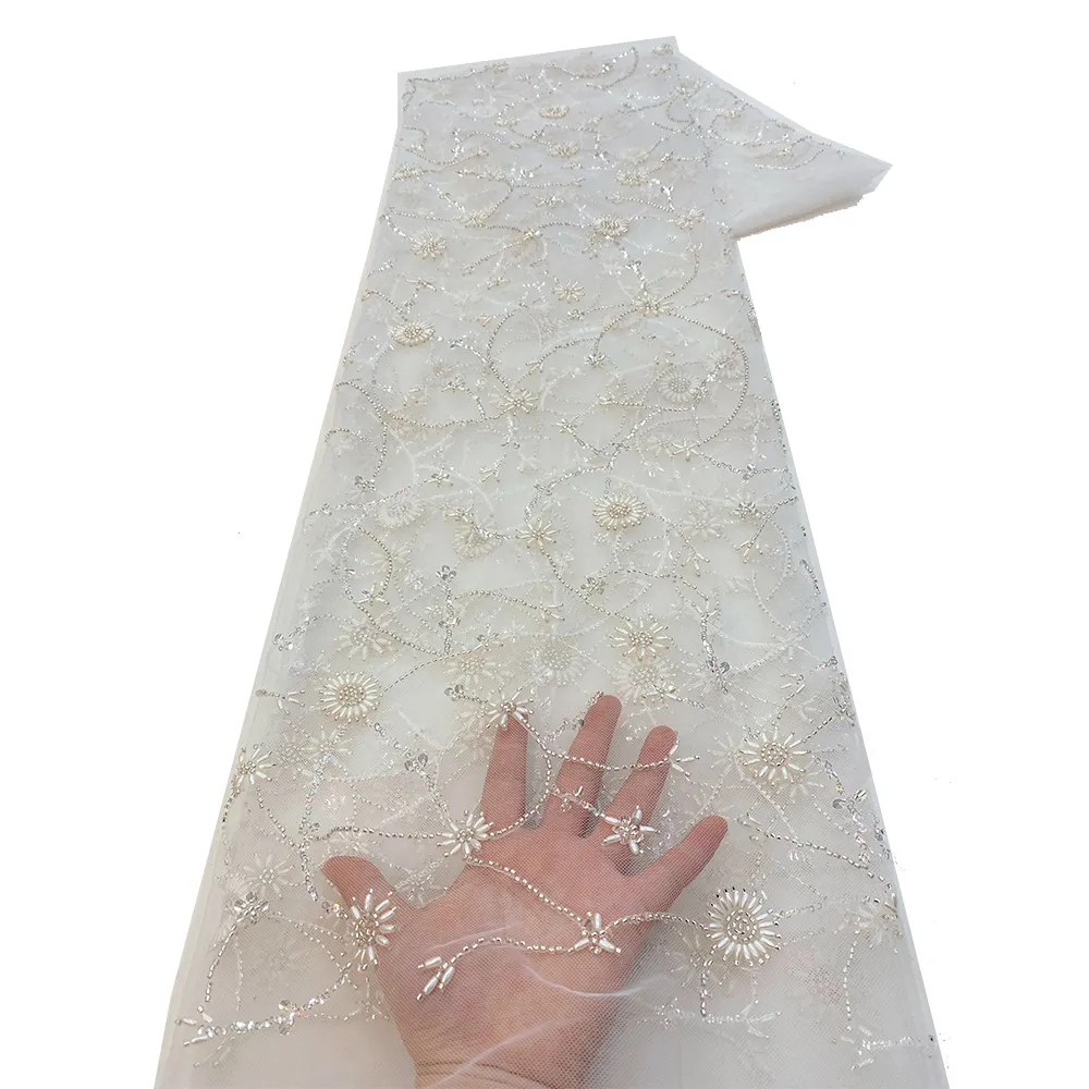 NI.AI lüks pullu örgü kumaş beyaz pullu boncuklu dantel düğün dantel kumaş fantezi tül nakış payetler