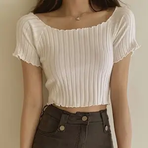In hot sale summer Korea design women's sexy style off shoulder shirt fashion solid color printing lady's causal top