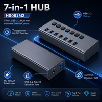 7 Portlu Güçlendirilmiş USB 3.2 Gen2 Hub 10Gbps 7x USB-A Bireysel Anahtarlı Alüminyum FCC/CE Sertifikalı Stokta