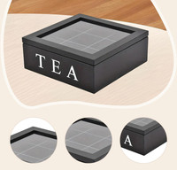 Organisateur de sachets de thé en bois de haute qualité, noir, grande capacité, 9 compartiments, avec couvercle transparent
