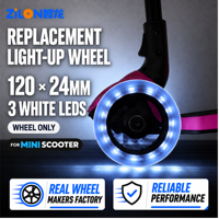 Roue avant de trottinette enfant OEM 120 mm avec 3 lumières LED blanches, roues de remplacement en PU, roulement ABEC-9, lumineuses, logo et couleur personnalisables