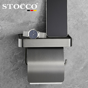 Porte-papier toilette en acier inoxydable 304 noir mat avec étagère, sans perçage, fixation murale, distributeur de papier toilette, salle de bain, hôtel - Product Image 3