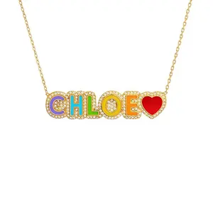 Rainbow Pave Outline Nameplate With Zirconia Colorful Personalized Bubble Letter Necklace Pendant Custom Enamel Name Necklace
