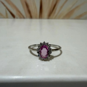Bague demi-éternité en or 10K avec saphir rose et grand diamant, alliance de mariage, bijou de déclaration avec saphir naturel pour fiançailles - Product Image 1