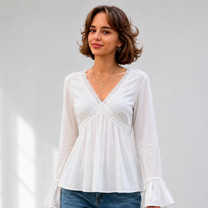 Women's V Neck Lace Trim <b>Crop</b> Blouse Casual Loose Fit High Waist Babydoll <b>Top</b> Lightweight Feminine Tee - Product Image 4