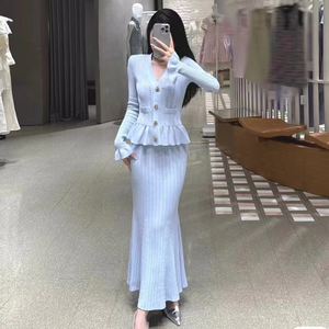 Autunno autunno Vintage stile francese signora tinta unita <span class=keywords><strong>con</strong></span> scollo a V manica lunga da donna a balza in vita svasata aderente abito lungo orlo - Product Image 4