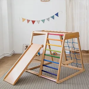 Marco de escalada de arcoíris de madera, patio de recreo interior para niños, escalador de actividades, columpio, conjunto de estructura de juego deslizante