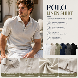 Camisa Polo de Lino Transpirable, Mezcla de Lino y Algodón, Manga Corta, Cierre de Botones, Estilo Resort de Verano, con Logotipo Personalizado - Product Image 1