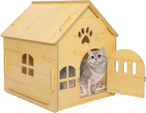 저렴한 가격 고양이 집 실내 고양이 패딩과 작은 개 동굴 침대 문과 창문이있는 작은 애완 동물을위한 나무 케이지 쉬운 조립