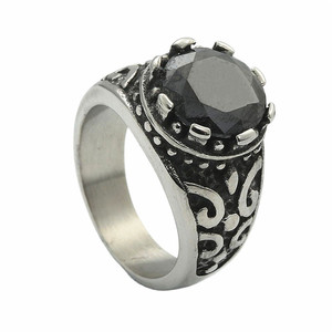 yunnique Retro Men's Stainless Steel <b>Rings</b> With <b>Black</b> Red Clear Stone Bezel Setting Geometric Design Gift Jewelry - Product Image 4