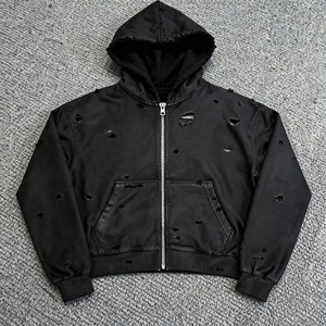 Sweat à capuche zippé pour homme, style streetwear, personnalisé, vintage, effet usé avec trous, coupe oversize, effet ciré, grammage lourd 400-500 g/m², coupe carrée et courte - Product Image 3
