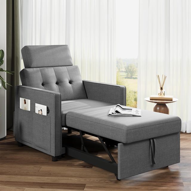 Sleeper Sofa Bed Chair Convertible Sofa Chair Pull Out Bed with Adjustable Backrest USB Linen Fabric for Living Room Apartment