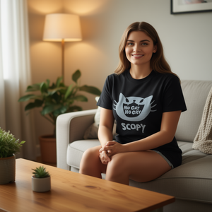 T-shirt Scopy da uomo e da donna a maniche corte con stampa Cat Print No Cat No Cry nera - Product Image 3