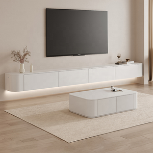 Meuble <span class=keywords><strong>TV</strong></span> Mural en Bois Massif et Table Basse Combinaison Minimaliste Moderne Style Crème Suspendu - Product Image 3