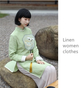 Camisa de lino sostenible para mujer, ropa de lino, Top <span class=keywords><strong>Cheongsam</strong></span>, blusas con cuello Mandarín de estilo chino, camisa de lino de Color sólido - Product Image 4