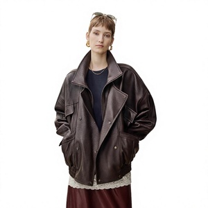 Women's Genuine <b>Leather</b> Bomber <b>Jacket</b> Stand Collar Full Sleeve Zipper Closure Solid Color Autumn Wear - Product Image 1