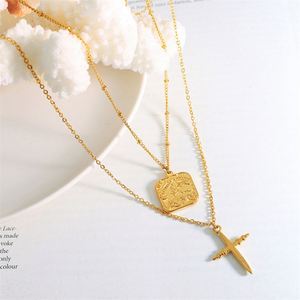 Fashion Fine Stainless Steel Layer Chain Necklace square Charm Cross Pendant Necklace - Product Image 4