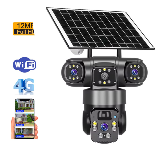 Custom Low MOQ 12MP 4G SIM Card Solar Powered CCTV Camera V380 Pro 3-Screen Auto Tracking Home Camera