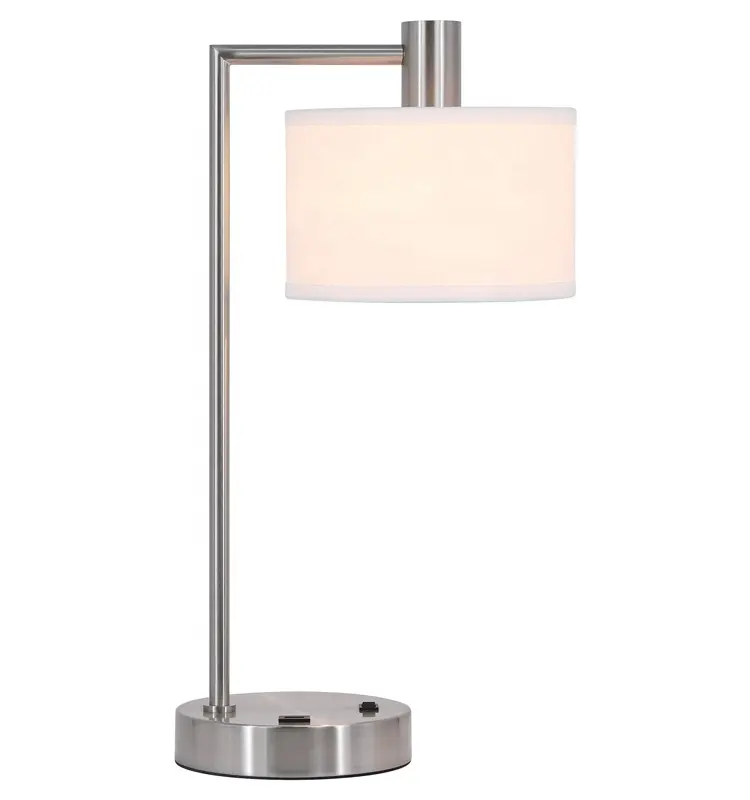 Modern Bedside Iron Desk Lamp With USB and Fabric Shade Brushed Nickel Table Lamp for Bedroom and Office