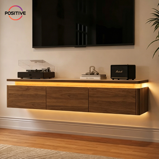 Mid Century Modern LED Solid Wood TV Stand Retro Wall Mounted Media Console Minimalist Nordic Living Room Furniture
