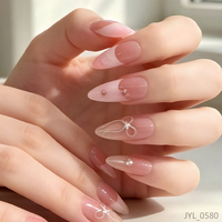 Faux ongles en ABS à presser, motif carré français, dégradé rose, nœud papillon 3D en strass et étoile, pour manucure des doigts