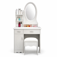 Coiffeuse moderne blanche avec miroir ovale éclairé, étagère latérale et tiroirs de rangement – Écologique pour appartement, chambre et salon