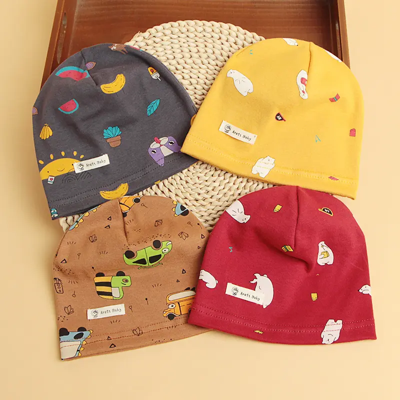 Cartoon printing newborn baby pullover hat single layer thin spring and autumn children's cotton knitted baby hat