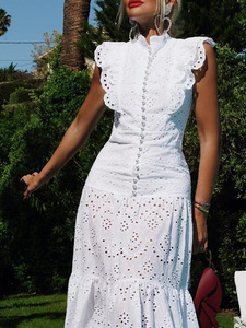 Vestidos con volantes de estilo de corte francés 2023 primavera nueva moda encaje mangas voladoras cuello alto vestido de un solo pecho - Product Image 2