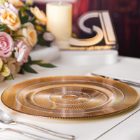 Assiettes de présentation rondes en verre transparent de 13 pouces avec fils dorés et violets, élégantes et abordables pour mariages, événements et décorations de fête