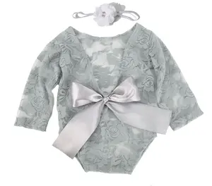 Summer Bubble Short-sleeved Muslin Gauze Cotton Onesie Jumpsuits Toddler Infant Outfit Lace Baby Girls' Romper with Bow Headband