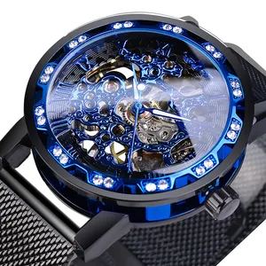 Montre mécanique transparente à affichage de diamant de mode pour hommes de gagnant montre-bracelet de squelette de main lumineuse de maille d'acier inoxydable bleu