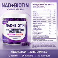 Gummies pour adultes NAD+ Resvératrol Berbérine Biotine Collagène Kératine Zinc K2 D3 pour Cheveux, Peau et Ongles – 2 Gummies par Jour