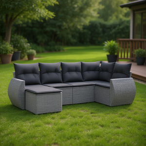 Ensemble de canapés de jardin modulaires en rotin gris et acier, mobilier d'extérieur moderne pour jardin, capacité 6 personnes - Product Image 2