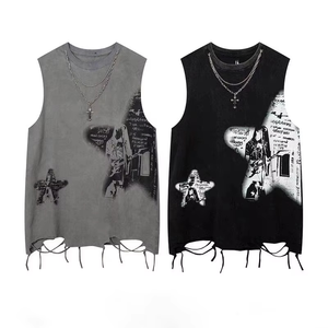 Venta al por mayor de algodón personalizado camiseta Rock Hip Hop camiseta sin mangas con escote estampado serigrafiado gráfico camisetas de los hombres - Product Image 1