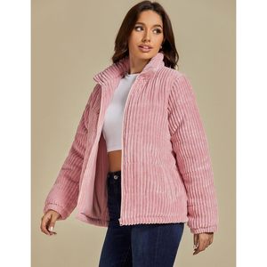 Chaqueta acolchada de pana de Invierno para mujer 2025, chaqueta cálida de manga larga con cuello levantado y bolsillos con cremallera, abrigo para exteriores - Product Image 2