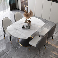 Table à manger moderne en pierre frittée, plateau extensible en marbre blanc, base en forme de tulipe noire, bordure dorée, luxe, restaurant, hôtel, école, maison