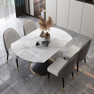 Modern <b>Round</b> Sintered Stone Dining <b>Table</b> Extendable <b>White</b> Marble Top Black Tulip Base Gold Trim Luxury Restaurant Furniture - Product Image 3