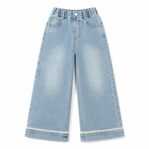 Jeans a Gamba Larga MZJ per Ragazze con Orlo in Pizzo, Morbidi e Lavati, Vita Alta Elastica, Pantaloni in Denim Casual per Uso Quotidiano - Product Image 1