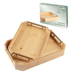 Bandeja Rectangular de Bambú para Servir, Juego de 2 Piezas, Bandeja de Servir de Color Natural Engrosada, Bandeja Multifuncional con Asa de Metal - Product Image 1