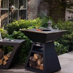 Aangepaste Corten Staal Functionele Houtskool Rook Camping Vuurkorf Swing Ronde Bbq Koken Grill