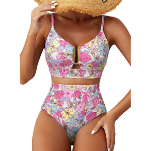 Conjunto de Bikini de 2 Piezas para Mujer 2026, Cintura Alta, Corte en U, Estampado Floral, con Espalda Cruzada - Product Image 4
