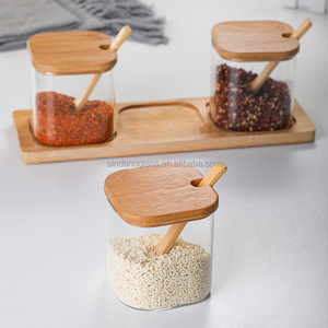 Recipiente de vidro para condimentos, 3 peças, armazenamento de temperos, jarra quadrada de vidro com colher de bambu - Product Image 3
