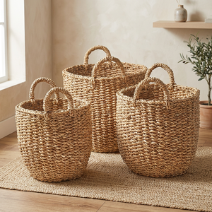 Paniers de rangement en jonc de mer naturel avec poignées, forme de bol, style rustique, ensemble de paniers multi-usages pour l'organisation - Product Image 2