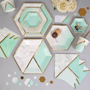 Assiettes de fête jetables en forme d'hexagone, rose et vert, avec estampage à chaud, pour décoration d'anniversaire - Product Image 2
