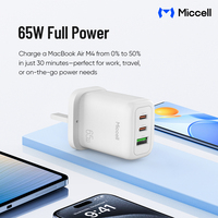 Chargeur rapide compact 65W GaN Miccell en gros OEM avec double port Type-C, USB-C pour ordinateur portable, téléphone, Xiaomi